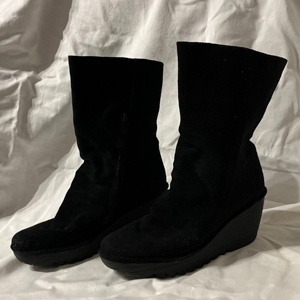 FLY London Yara Black Suede mid-calf boots with zipper P500504000 EU 38